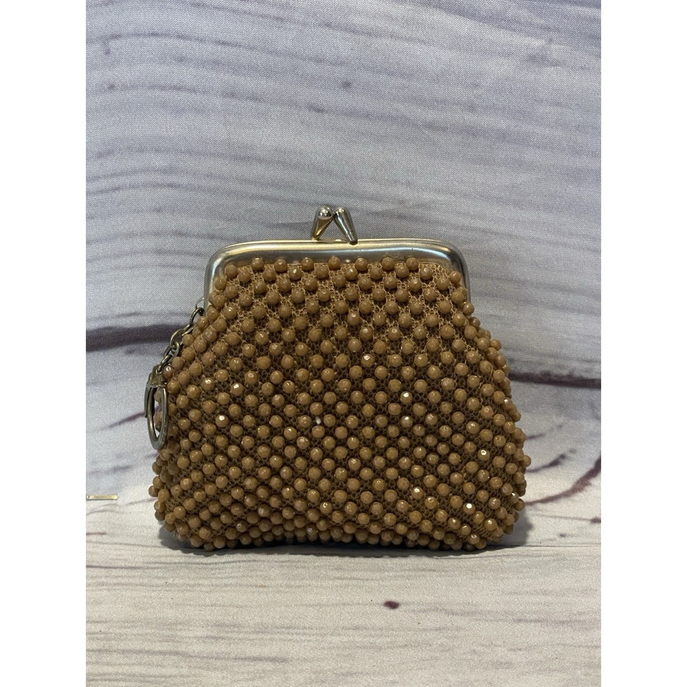 Vintage Beaded Crochet Brown Coin Purse Kiss Lock -Keychain Hong Kong 1940s